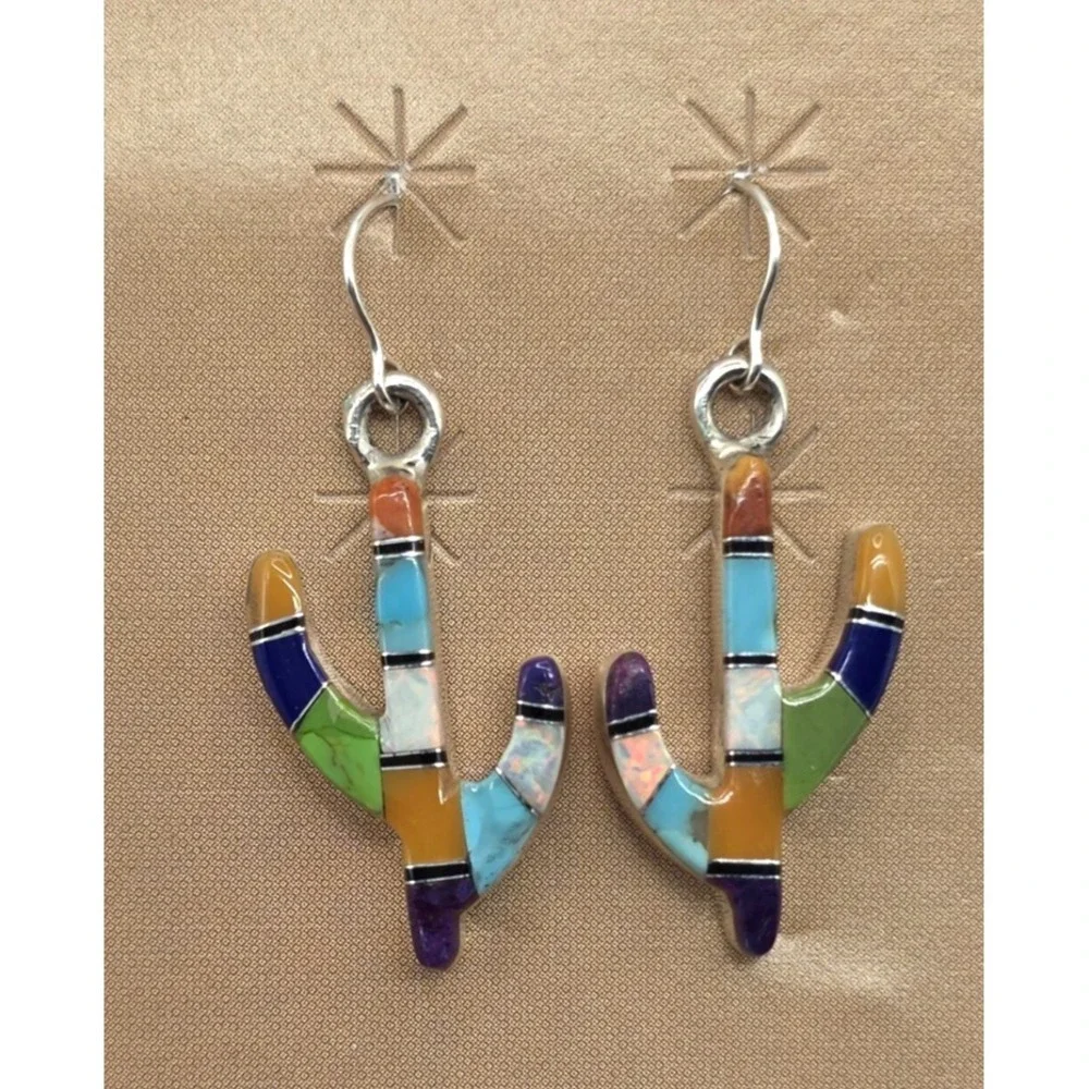 Multi-Gemstone Cacti Earrings Sterling Silver Inlays 0.94" Handmade Signed NEW - Picture 2 of 13